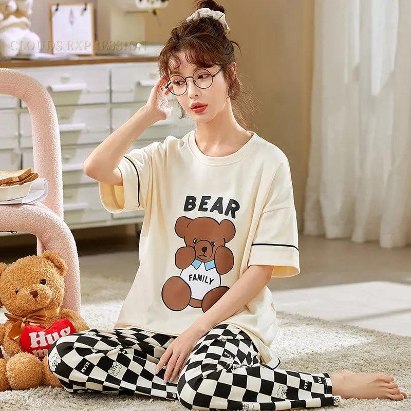 Short Sleeved Cartoon Bear Pajama Sets - Venus Trendy Fashion Online