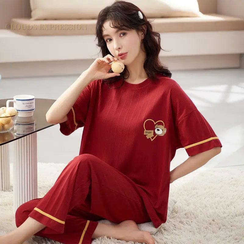 Short Sleeved Cartoon Bear Pajama Sets - Venus Trendy Fashion Online