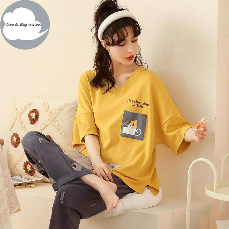 Short Sleeved Cartoon Bear Pajama Sets - Venus Trendy Fashion Online