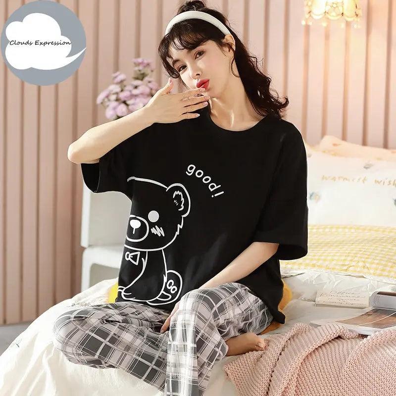 Short Sleeved Cartoon Bear Pajama Sets - Venus Trendy Fashion Online