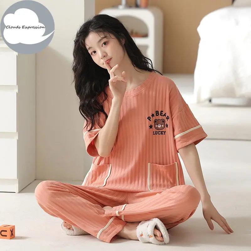 Short Sleeved Cartoon Bear Pajama Sets - Venus Trendy Fashion Online