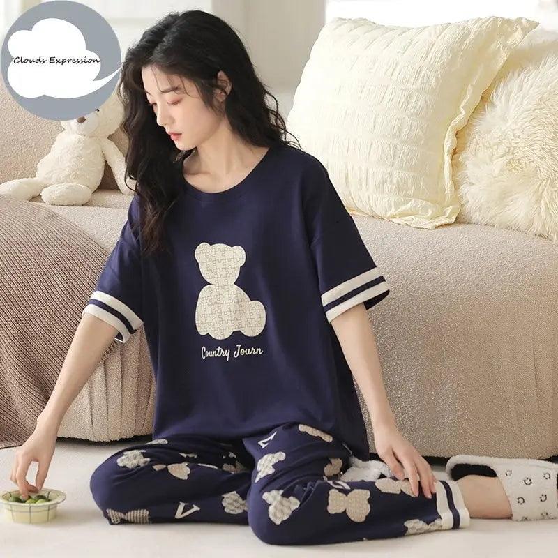 Short Sleeved Cartoon Bear Pajama Sets - Venus Trendy Fashion Online