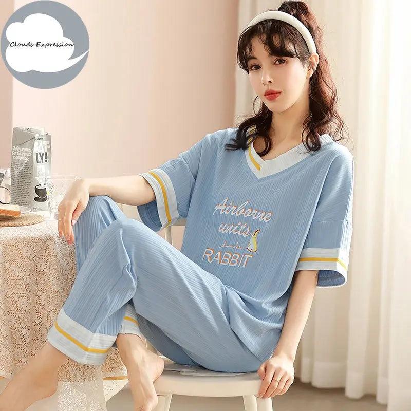 Short Sleeved Cartoon Bear Pajama Sets - Venus Trendy Fashion Online