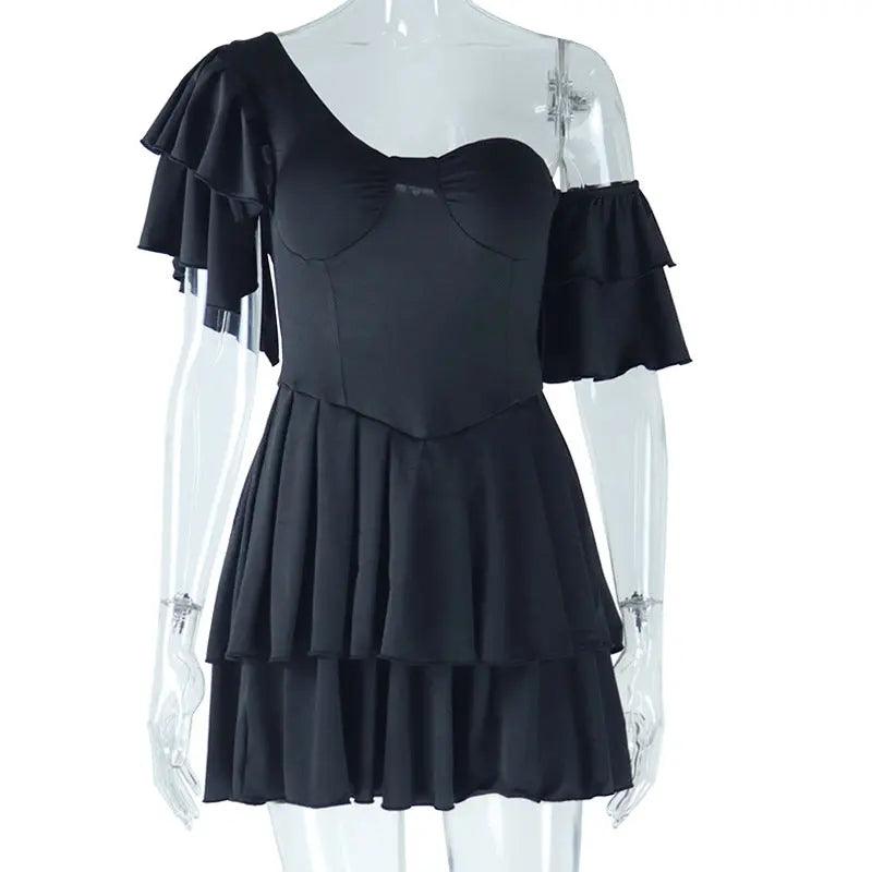 Solid Color Pleated Ruffle Sleeve Dress - Venus Trendy Fashion Online