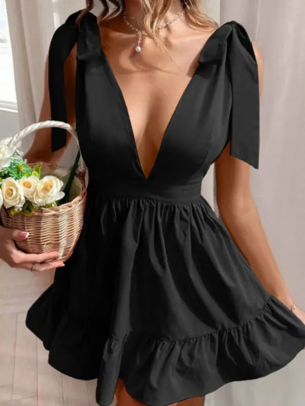 Solid Color Strap Shoulder Deep V Neck Ruffle Hem Dress - Venus Trendy Fashion Online