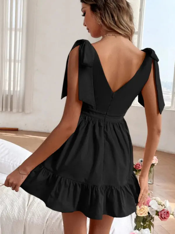 Solid Color Strap Shoulder Deep V Neck Ruffle Hem Dress - Venus Trendy Fashion Online