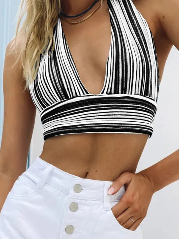 Striped Wool Knit Deep V Open Back Strappy Top - Venus Trendy Fashion Online