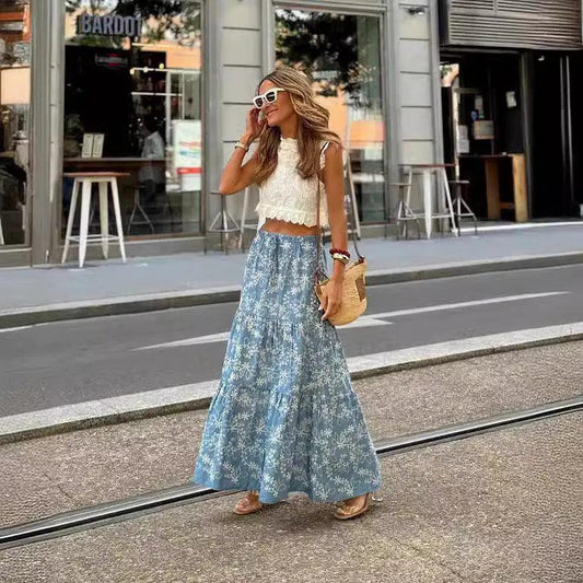 Summer Printed Elastic Waist Big Hem Skirt - Venus Trendy Fashion Online