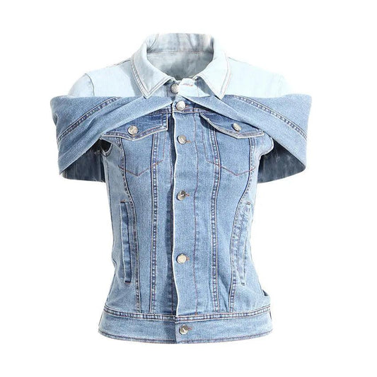 Sweet Cool Stacked Shirt Slimming Denim Shirt Spring Summer Color Matching Faux Two Piece off Shoulder Waist Tight Denim Shirt for Women - Venus Trendy Fashion Online