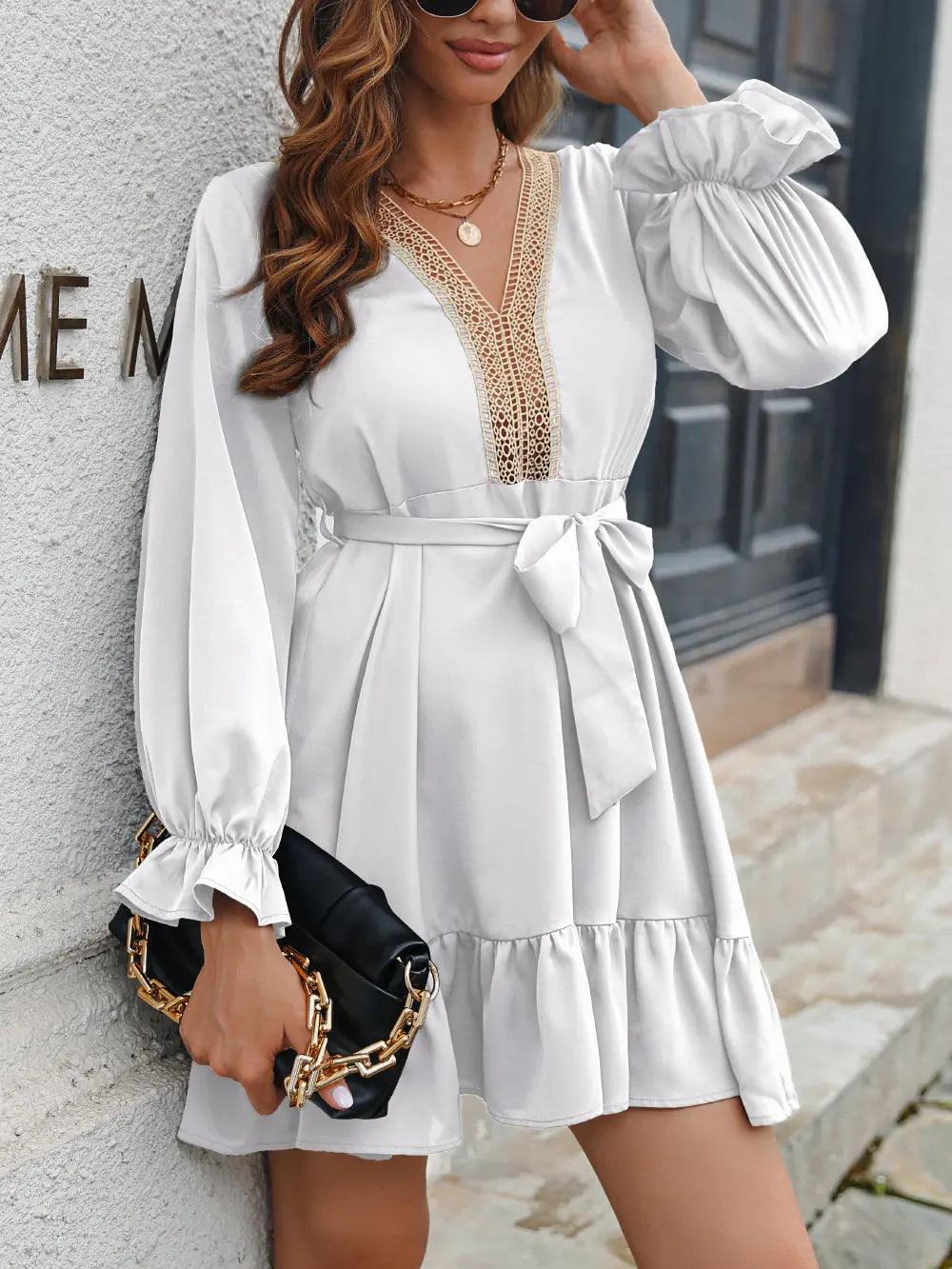 Winter Elegant Lace V-neck Ruffled Large Swing Dress - Venus Trendy Fashion Online