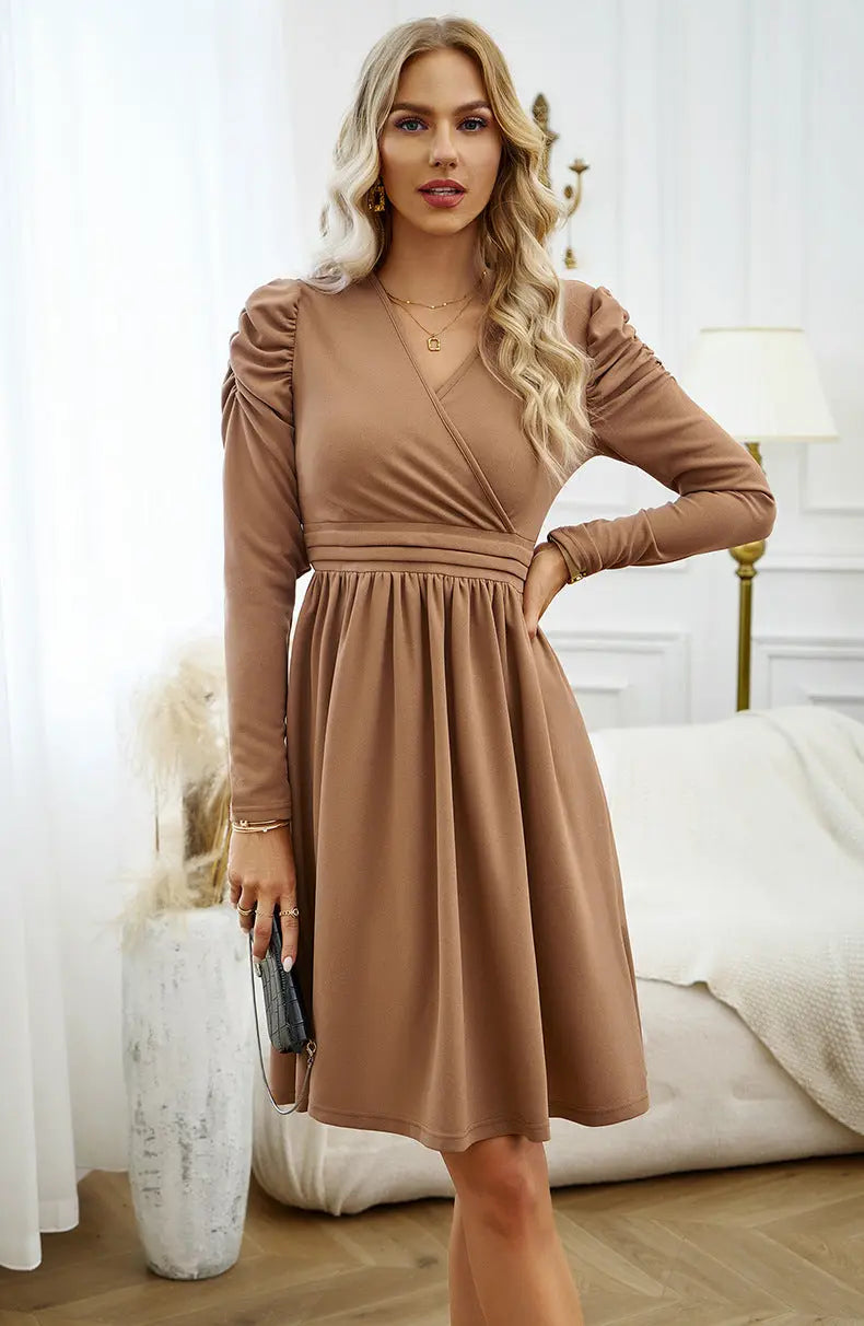 Women Clothing Elegant Solid Color V neck Long Sleeve Dress - Venus Trendy Fashion Online