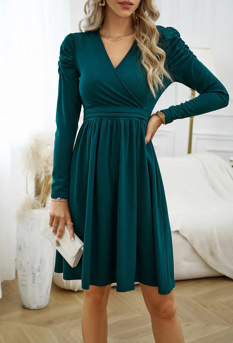 Women Clothing Elegant Solid Color V neck Long Sleeve Dress - Venus Trendy Fashion Online