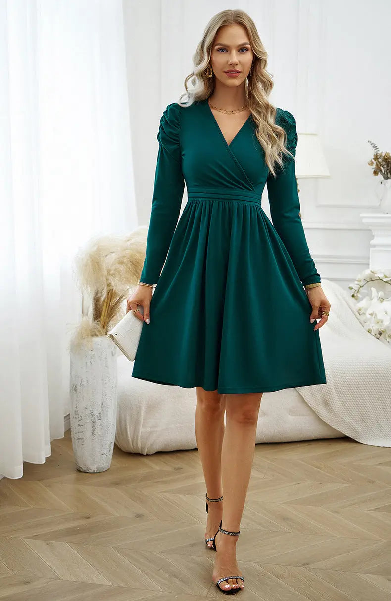 Women Clothing Elegant Solid Color V neck Long Sleeve Dress - Venus Trendy Fashion Online