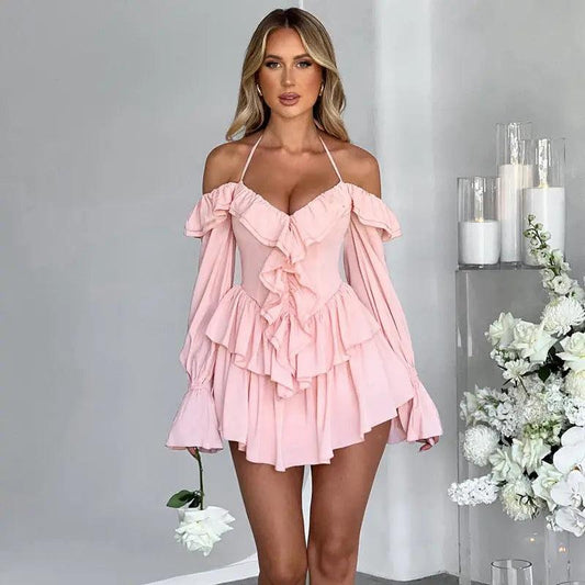 Women Clothing Autumn Sexy Halter Low Cut Ruffled Long Sleeve Romper - Venus Trendy Fashion Online