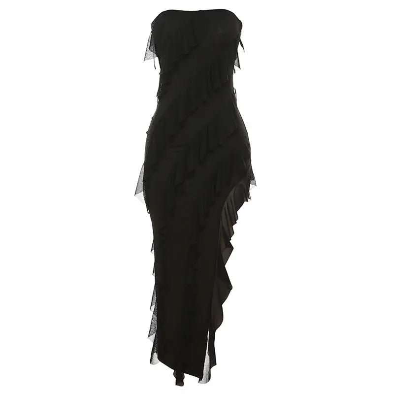 Women Clothing Summer Women Clothing Tube Top Sexy Backless Slit Tassel Temperamental Dress - Venus Trendy Fashion Online