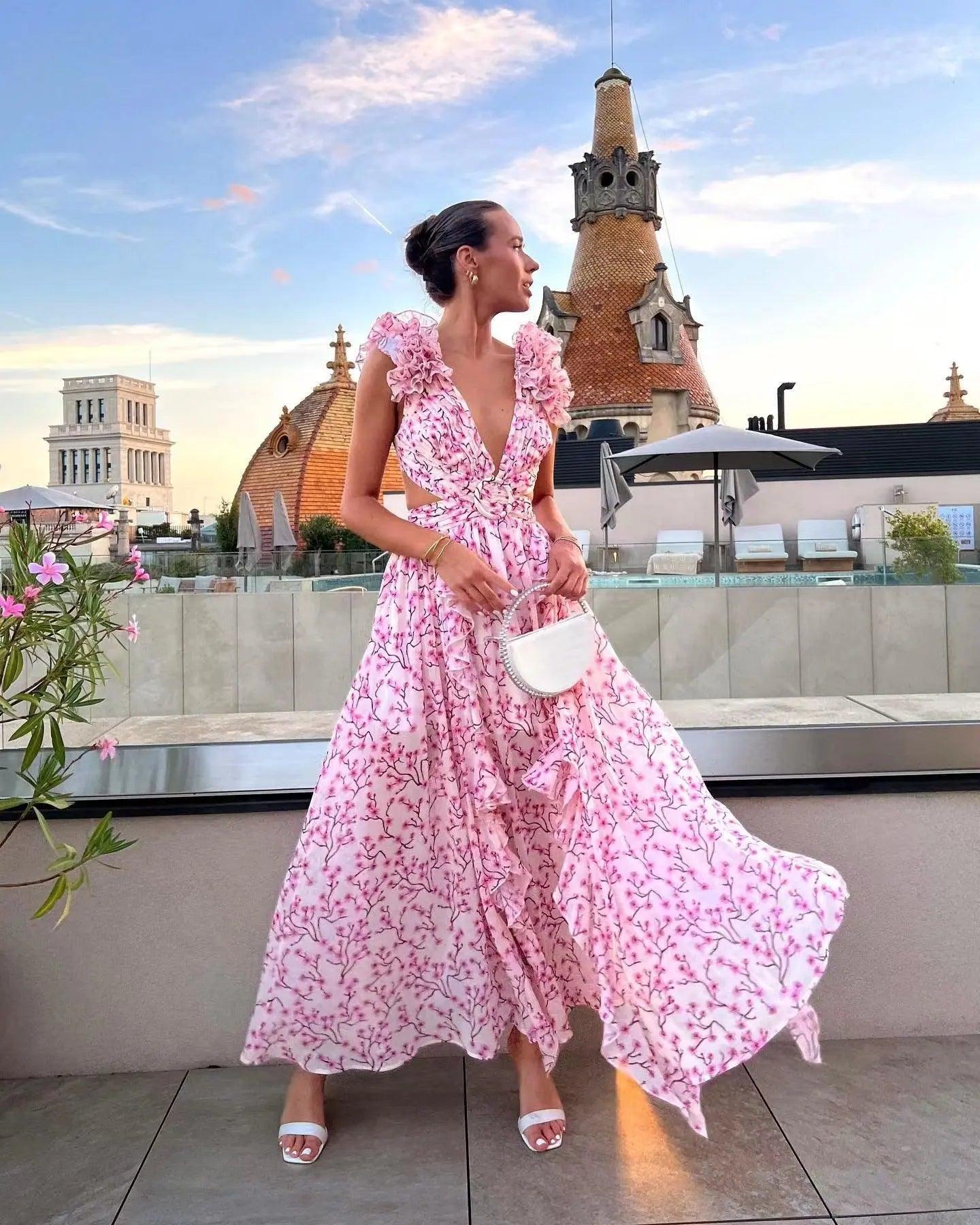 Women Vacation Deep V Plunge Ruffled Floral Backless Dress - Venus Trendy Fashion Online