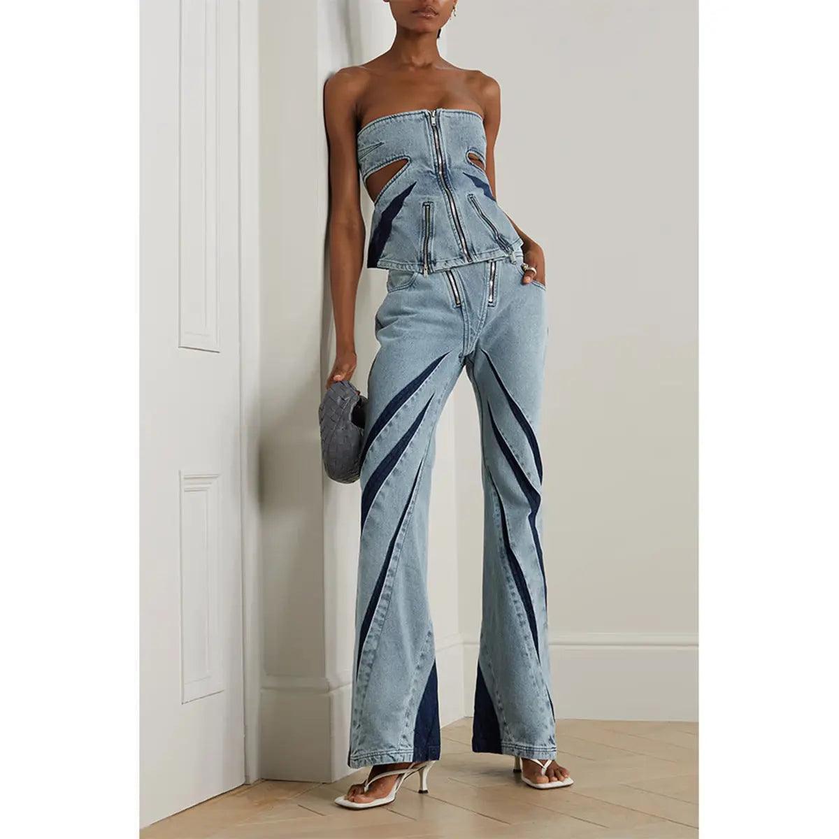 Women Color Contrast Patchwork Tube Top & Three Dimensional Split Double Zipper Stitching Elastic Jeans - Venus Trendy Fashion Online
