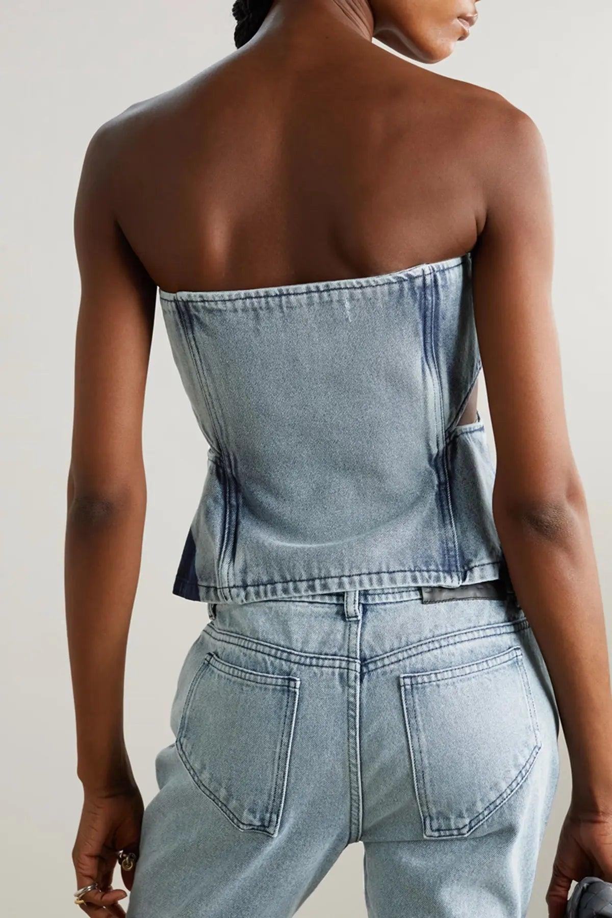 Women Color Contrast Patchwork Tube Top & Three Dimensional Split Double Zipper Stitching Elastic Jeans - Venus Trendy Fashion Online