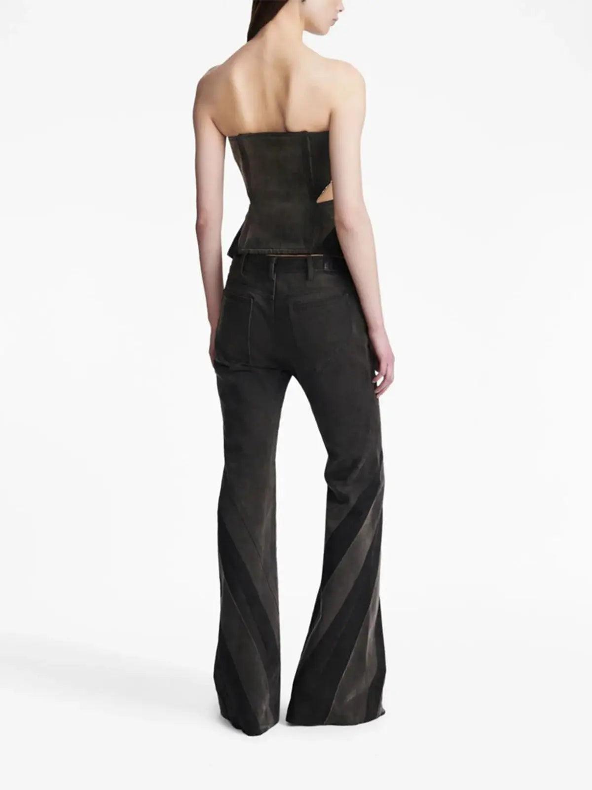 Women Color Contrast Patchwork Tube Top & Three Dimensional Split Double Zipper Stitching Elastic Jeans - Venus Trendy Fashion Online