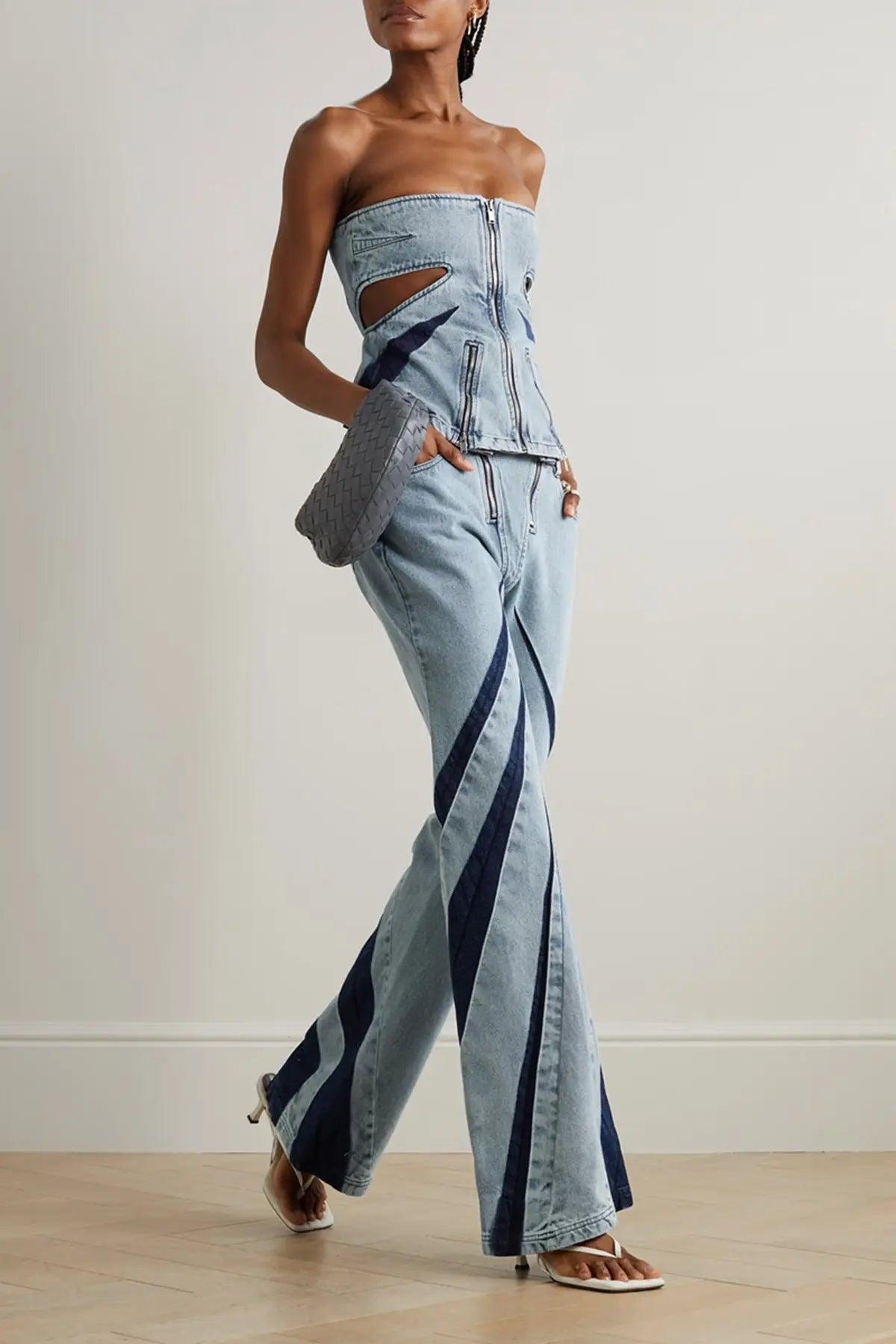 Women Color Contrast Patchwork Tube Top & Three Dimensional Split Double Zipper Stitching Elastic Jeans - Venus Trendy Fashion Online