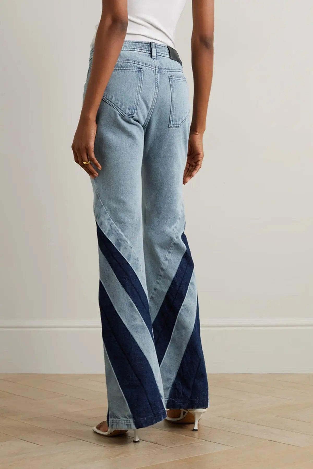 Women Color Contrast Patchwork Tube Top & Three Dimensional Split Double Zipper Stitching Elastic Jeans - Venus Trendy Fashion Online