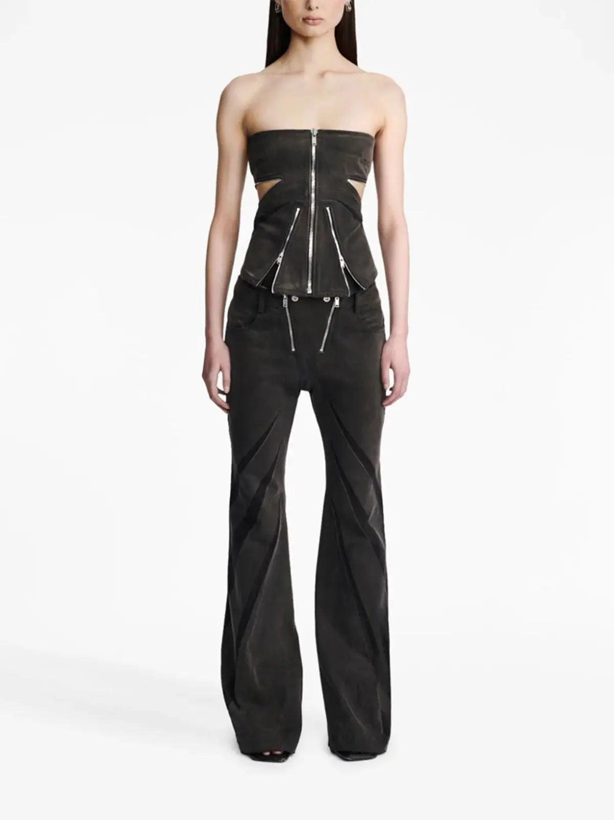 Women Color Contrast Patchwork Tube Top & Three Dimensional Split Double Zipper Stitching Elastic Jeans - Venus Trendy Fashion Online