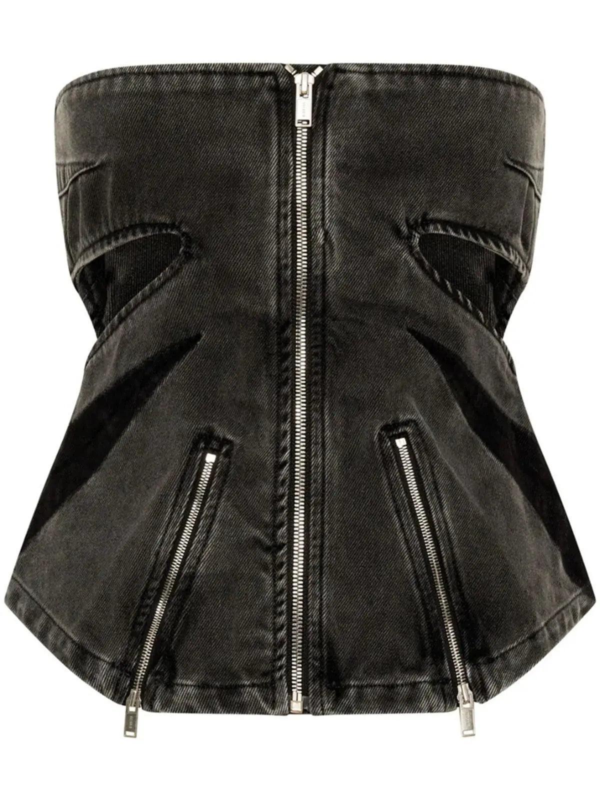 Women Color Contrast Patchwork Tube Top & Three Dimensional Split Double Zipper Stitching Elastic Jeans - Venus Trendy Fashion Online