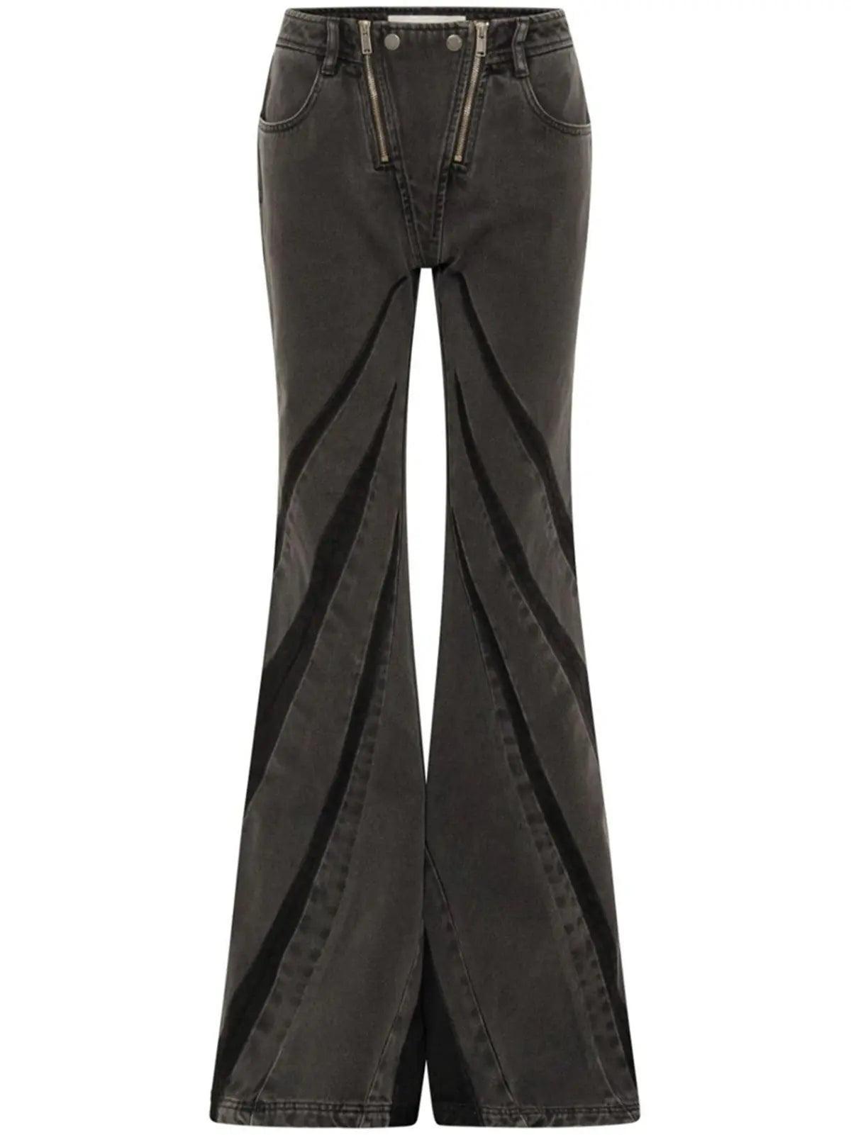 Women Color Contrast Patchwork Tube Top & Three Dimensional Split Double Zipper Stitching Elastic Jeans - Venus Trendy Fashion Online