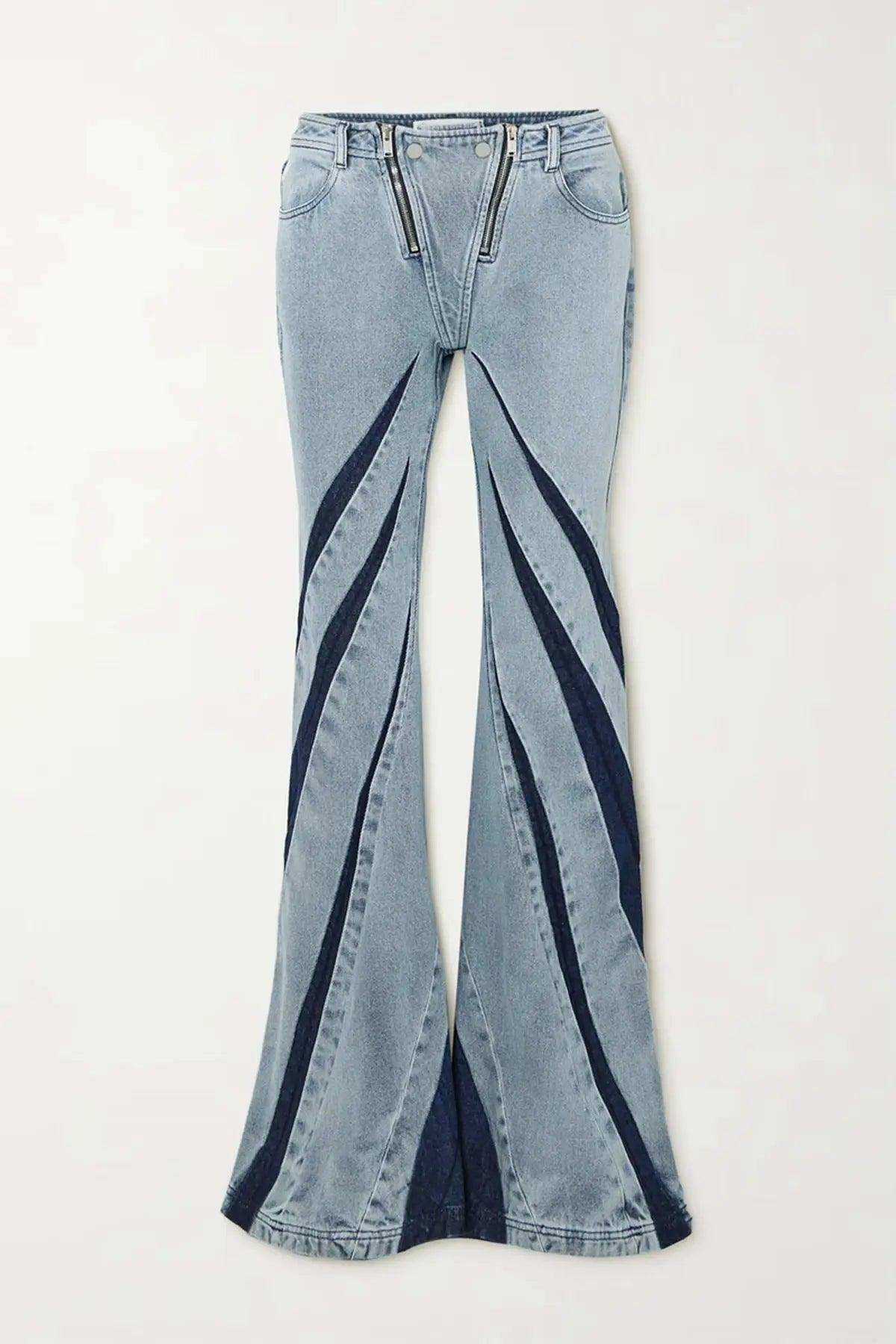 Women Color Contrast Patchwork Tube Top & Three Dimensional Split Double Zipper Stitching Elastic Jeans - Venus Trendy Fashion Online