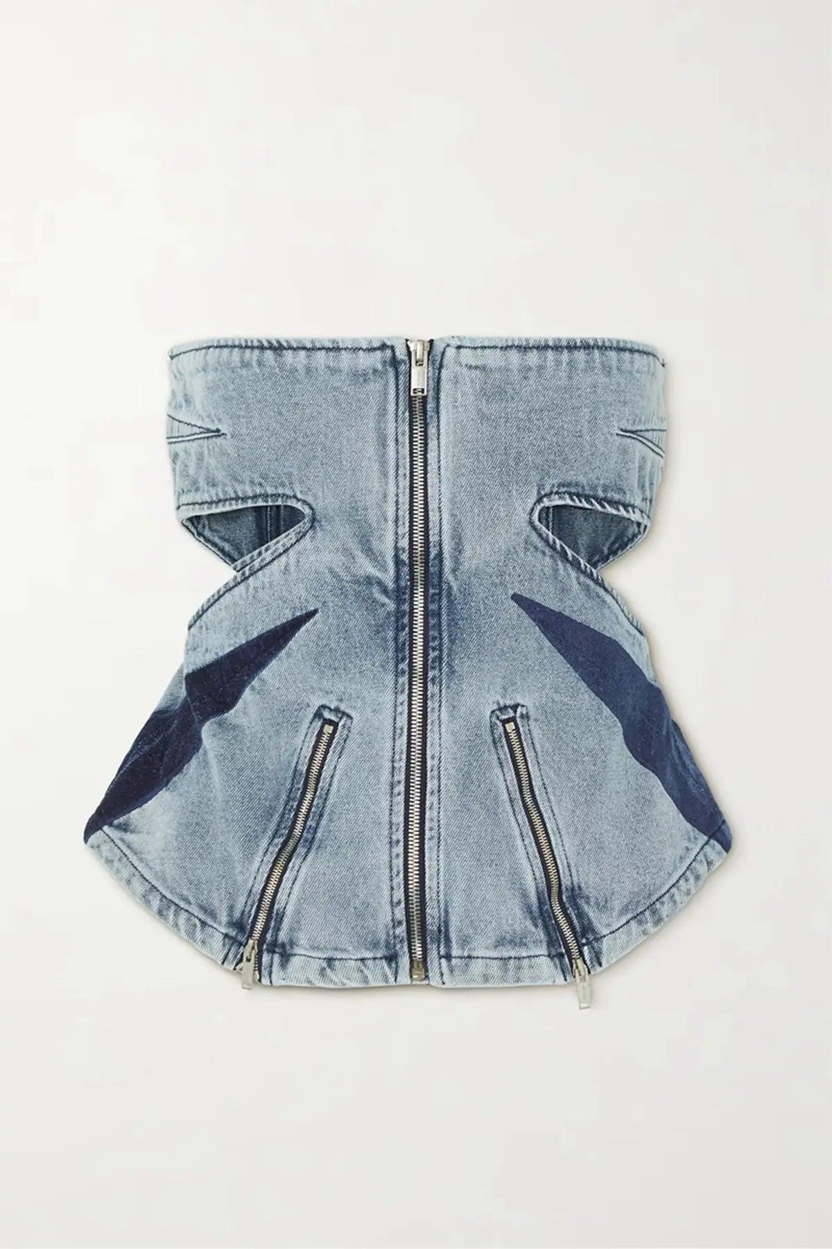 Women Color Contrast Patchwork Tube Top & Three Dimensional Split Double Zipper Stitching Elastic Jeans - Venus Trendy Fashion Online