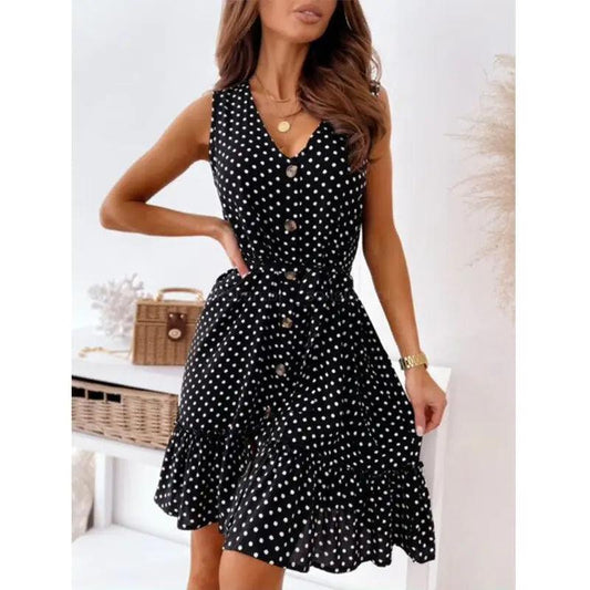 Women Fashion Casual Summer Vacation Polka Dot Print Sleeveless V Neck Ruffled Dress - Venus Trendy Fashion Online