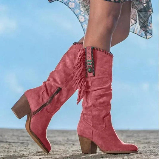 Women Metal Buckle Pointed Western Cowboy Boots - Venus Trendy Fashion Online