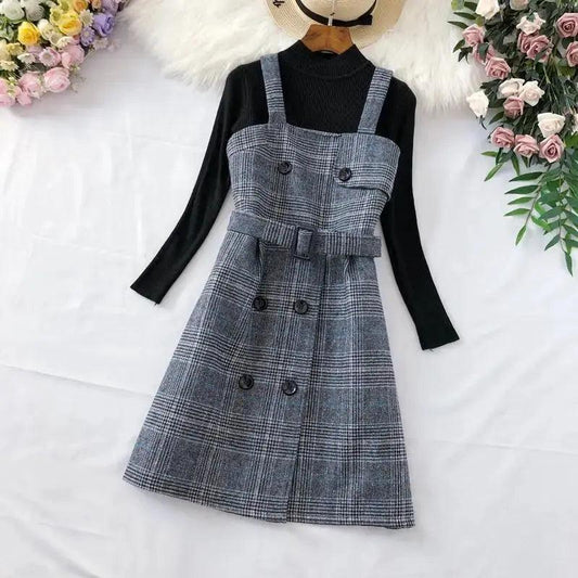 Women Plaid Woolen Spaghetti Strap Dress With Belt - Venus Trendy Fashion Online