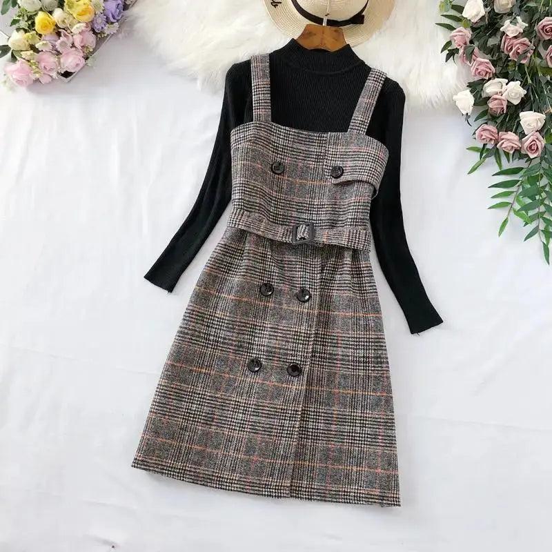 Women Plaid Woolen Spaghetti Strap Dress With Belt - Venus Trendy Fashion Online