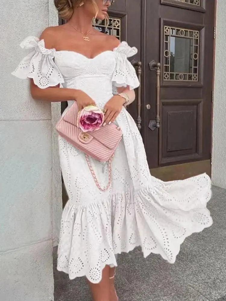 Women Sexy Off Shoulder Lace Long Dress - Venus Trendy Fashion Online