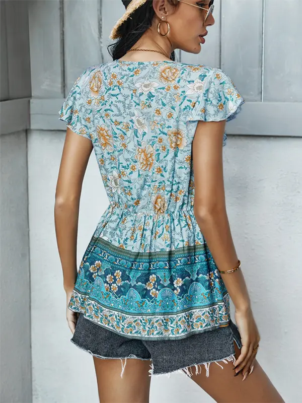 Women's Bohemian Print Ruffle Short Sleeve Blouse - Venus Trendy Fashion Online