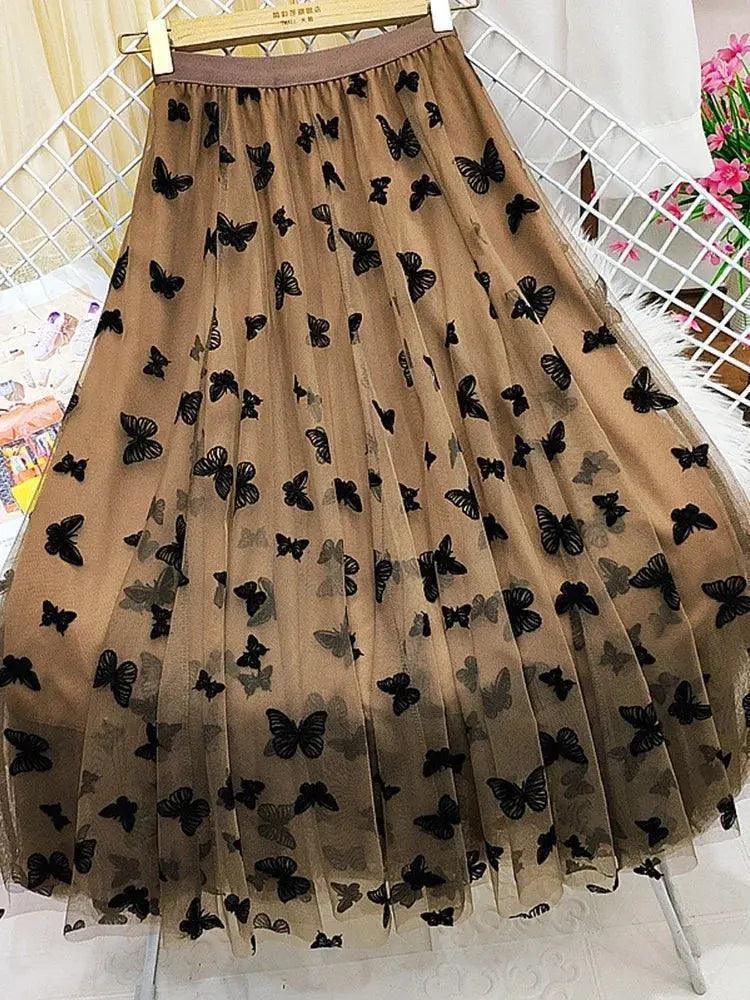 Women's Butterfly Flocking Tulle Long Skirt - Venus Trendy Fashion Online