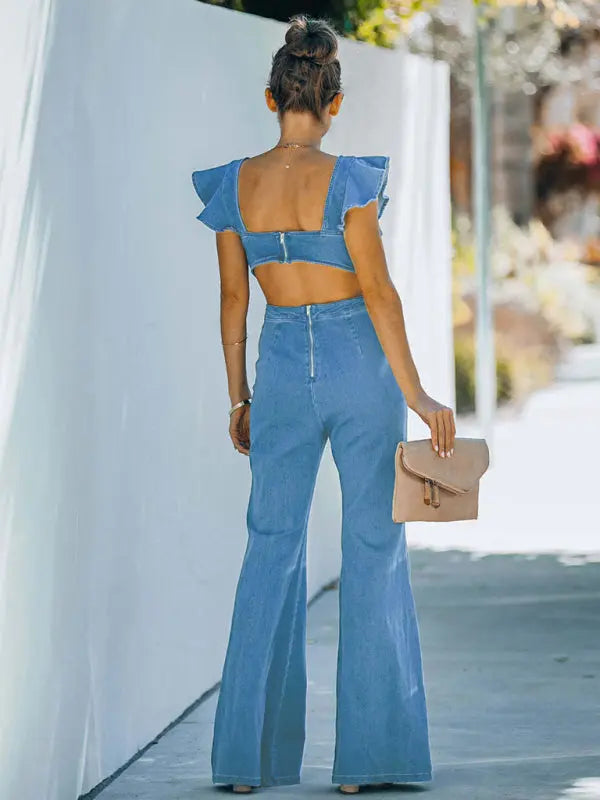 Women's Denim Slim Fit Ruffle Flared Jumpsuit - Venus Trendy Fashion Online