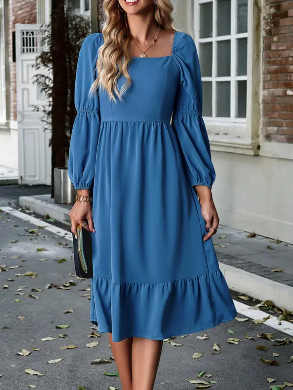 Women's Elegant Solid Color Square Neck Long Sleeve Dress - Venus Trendy Fashion Online