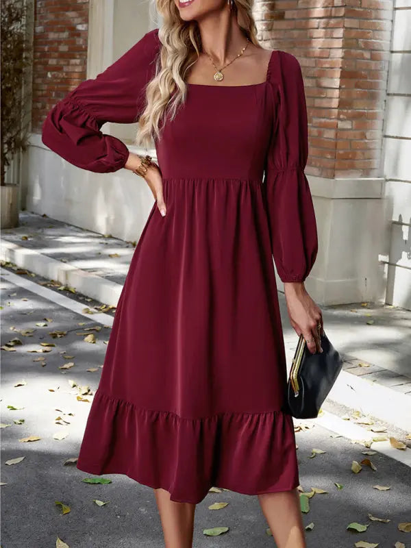 Women's Elegant Solid Color Square Neck Long Sleeve Dress - Venus Trendy Fashion Online