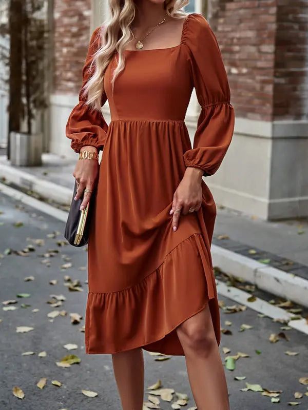 Women's Elegant Solid Color Square Neck Long Sleeve Dress - Venus Trendy Fashion Online