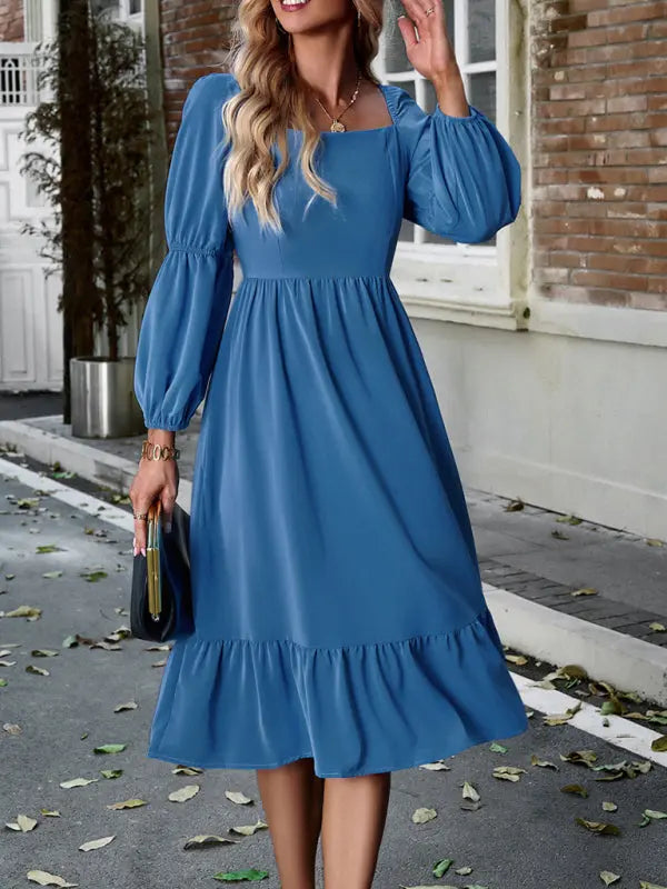 Women's Elegant Solid Color Square Neck Long Sleeve Dress - Venus Trendy Fashion Online