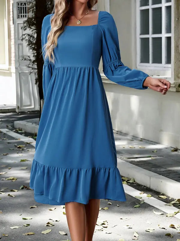 Women's Elegant Solid Color Square Neck Long Sleeve Dress - Venus Trendy Fashion Online