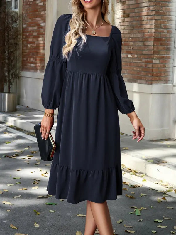 Women's Elegant Solid Color Square Neck Long Sleeve Dress - Venus Trendy Fashion Online