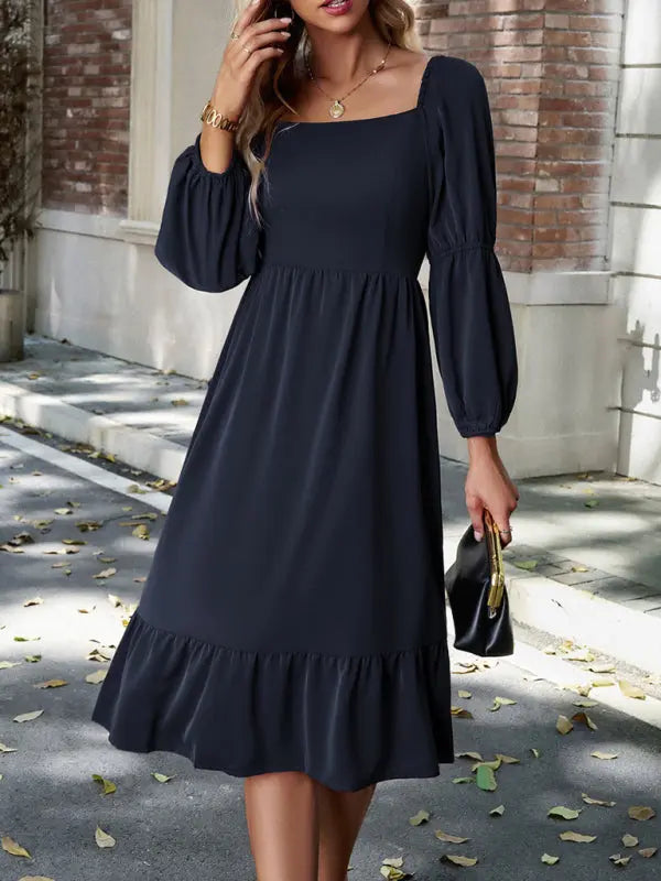 Women's Elegant Solid Color Square Neck Long Sleeve Dress - Venus Trendy Fashion Online