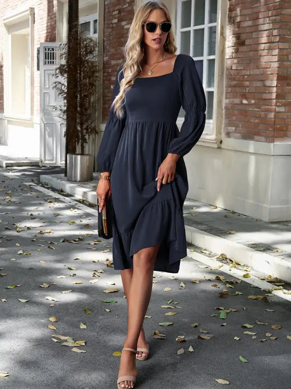 Women's Elegant Solid Color Square Neck Long Sleeve Dress - Venus Trendy Fashion Online