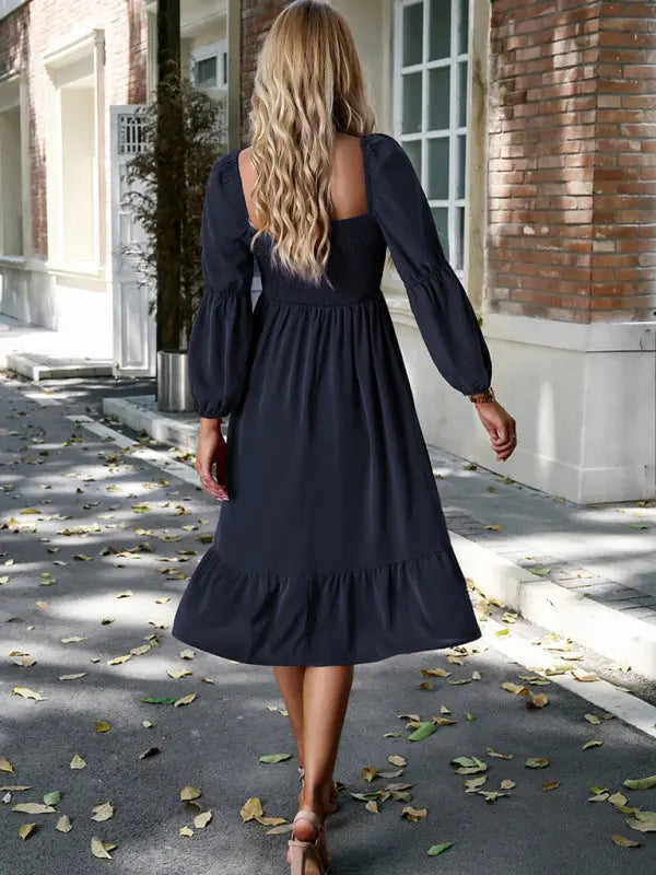 Women's Elegant Solid Color Square Neck Long Sleeve Dress - Venus Trendy Fashion Online