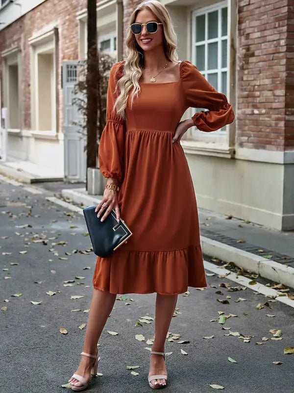 Women's Elegant Solid Color Square Neck Long Sleeve Dress - Venus Trendy Fashion Online