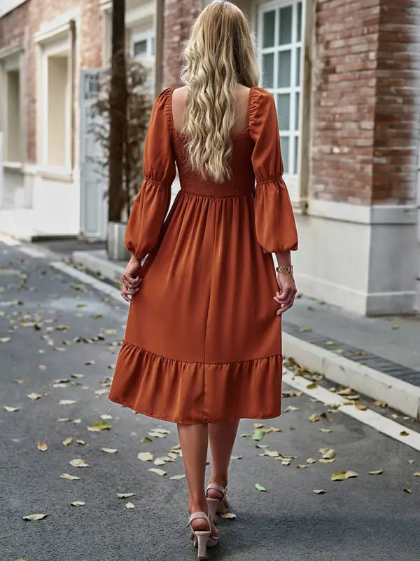 Women's Elegant Solid Color Square Neck Long Sleeve Dress - Venus Trendy Fashion Online