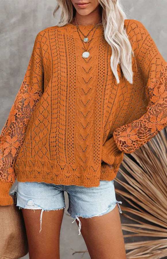 Women's Long Sleeve Cutout Petal Sleeve Sweater - Venus Trendy Fashion Online